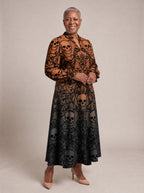 "Fuvu" Halloween Long Puff Sleeve Dress — walking, three-quarter view on model
