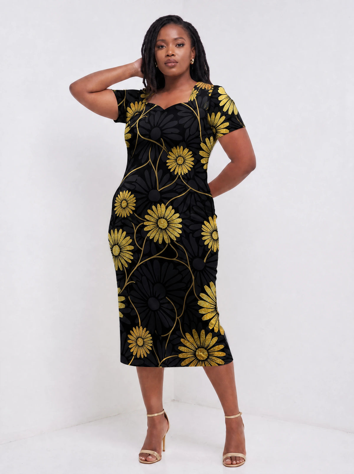 "Mulika" Sweetheart Midi Dress — three-quarter view on model