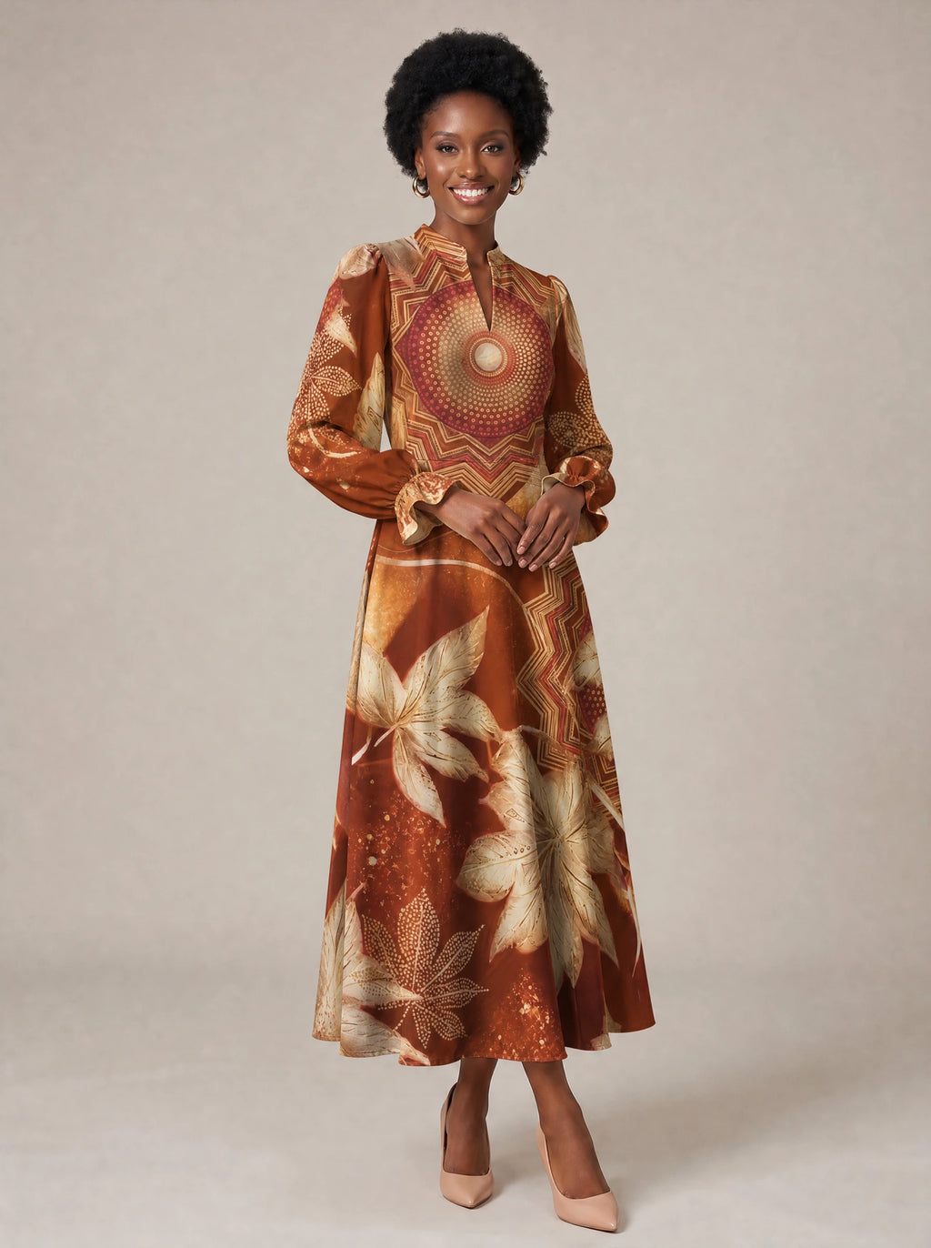 "Joto" Long Puff Sleeve Dress — walking, three-quarter view on model