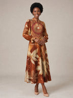 "Joto" Long Puff Sleeve Dress — walking, three-quarter view on model