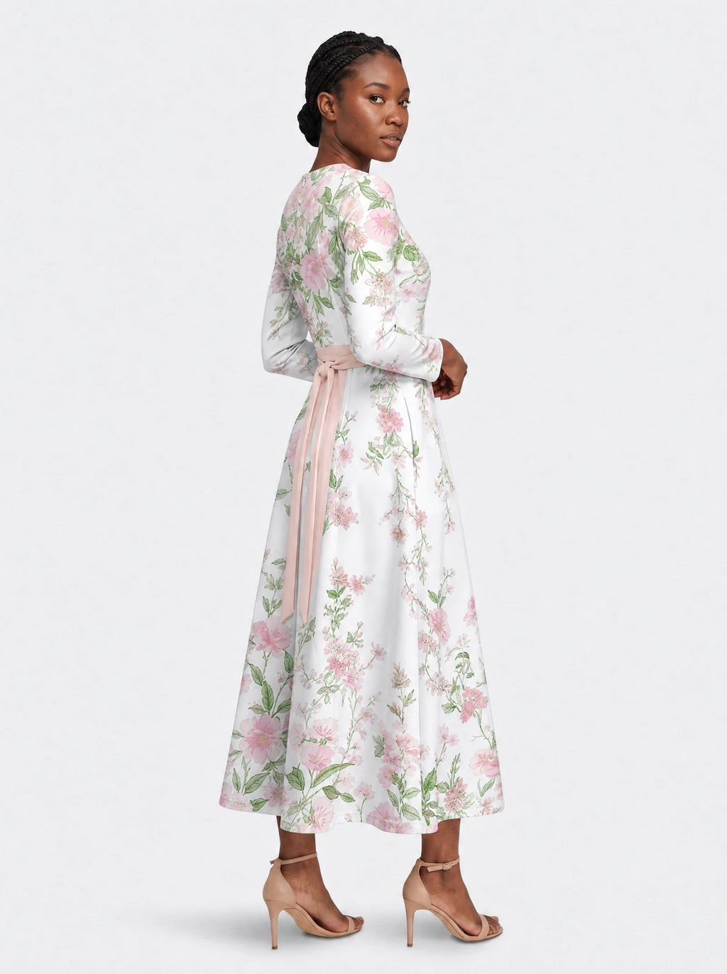 "Chanua" Long Sleeve Midaxi Dress — walking, three-quarter view on model