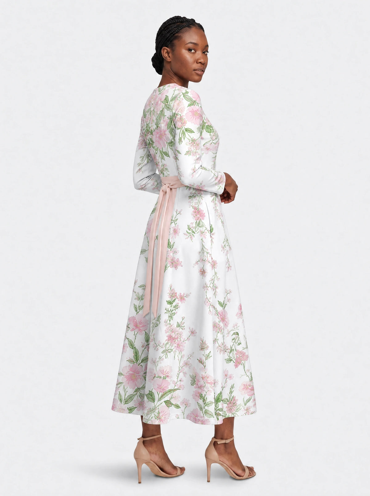 "Chanua" Long Sleeve Midaxi Dress — walking, three-quarter view on model