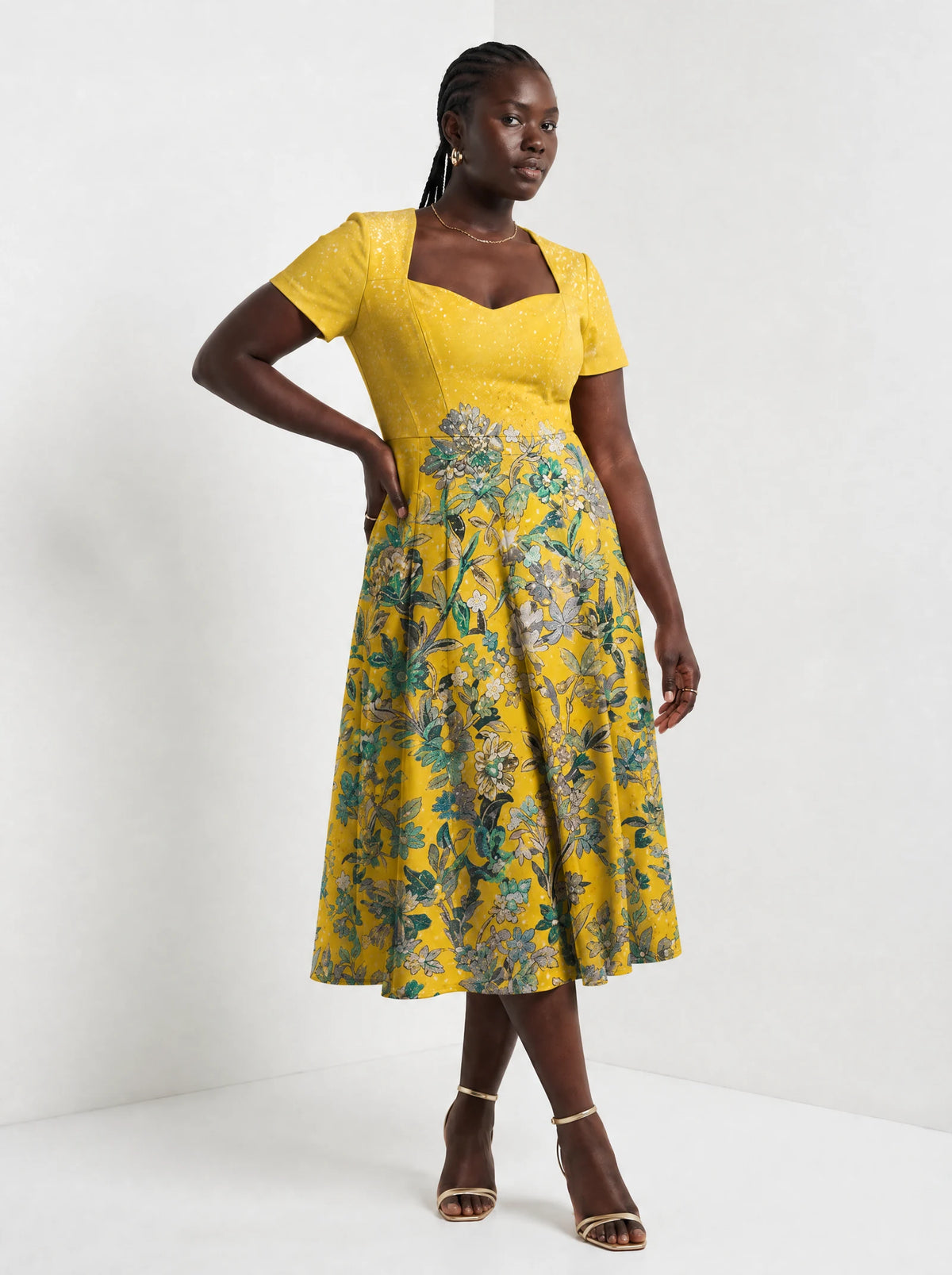 "Alfajiri" Sweetheart Midi Dress — three-quarter view on model