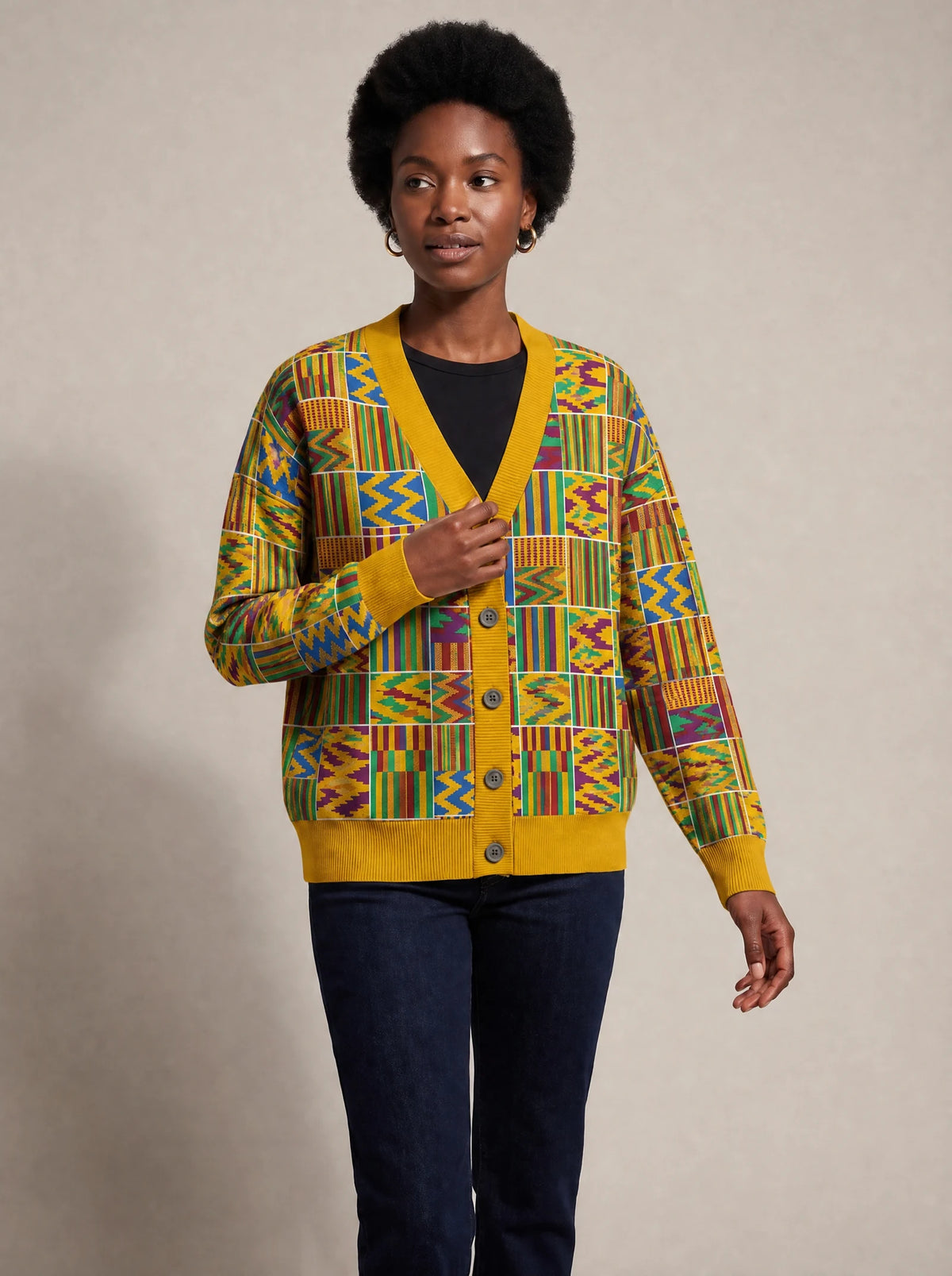"Shangwe" Cardigan — three-quarter view on model