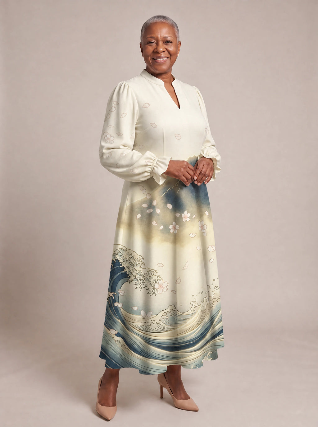 "Wimbi" Long Puff Sleeve Dress — walking, three-quarter view on model