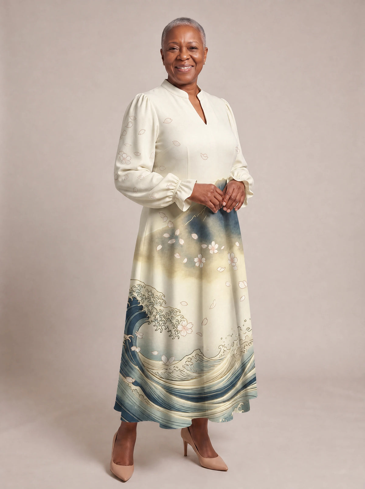 "Wimbi" Long Puff Sleeve Dress — walking, three-quarter view on model