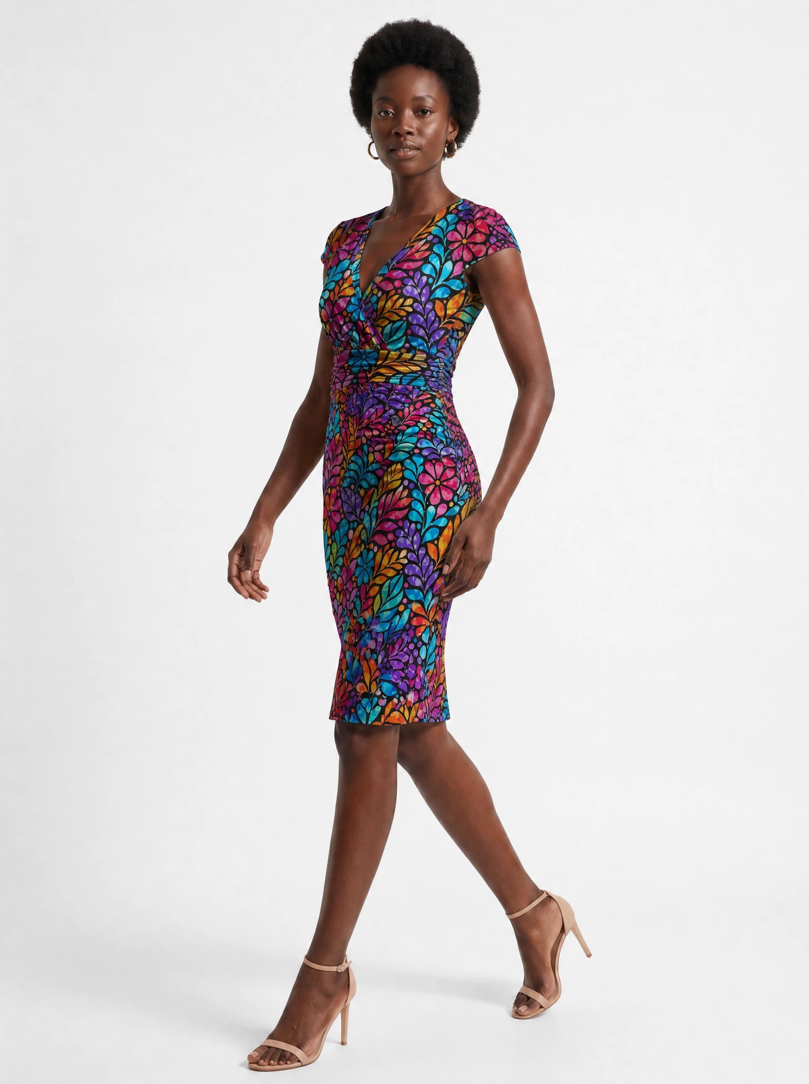 "Rangi" Cap Sleeve Midi Dress — three-quarter view on model