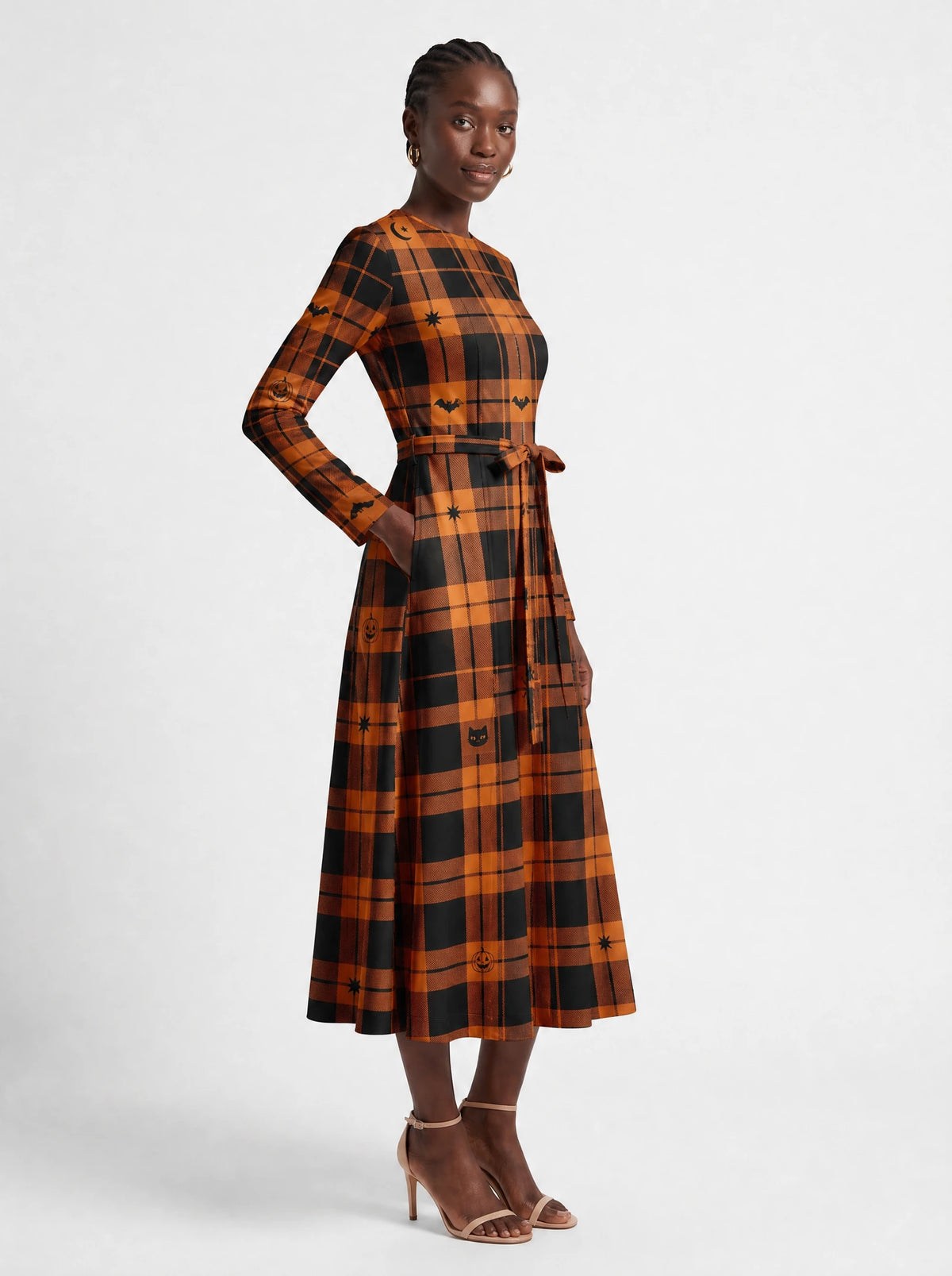 "Zulia" Halloween Long Sleeve Midaxi Dress — walking, three-quarter view on model