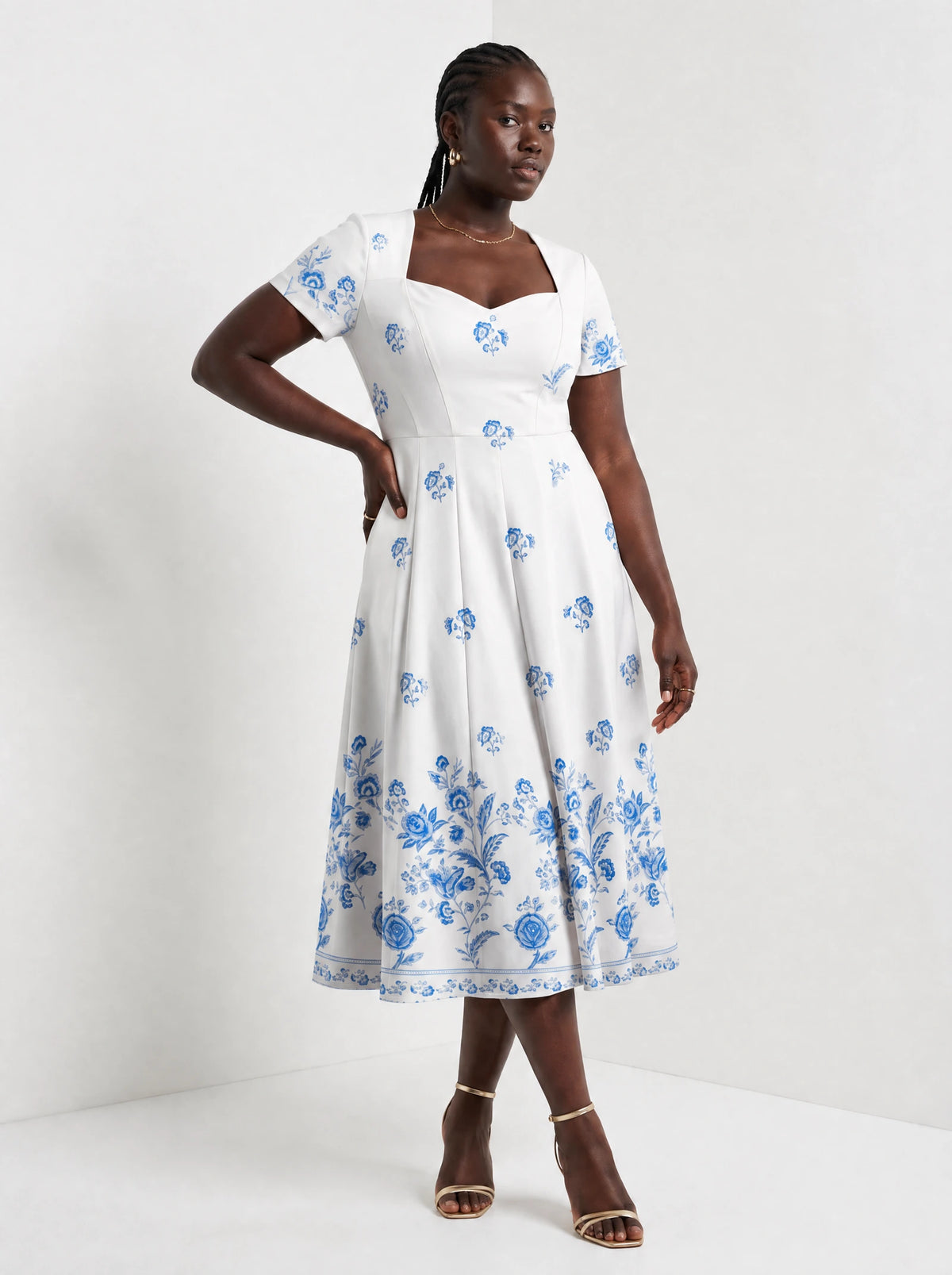 "Buluu" Sweetheart Midi Dress — three-quarter view on model