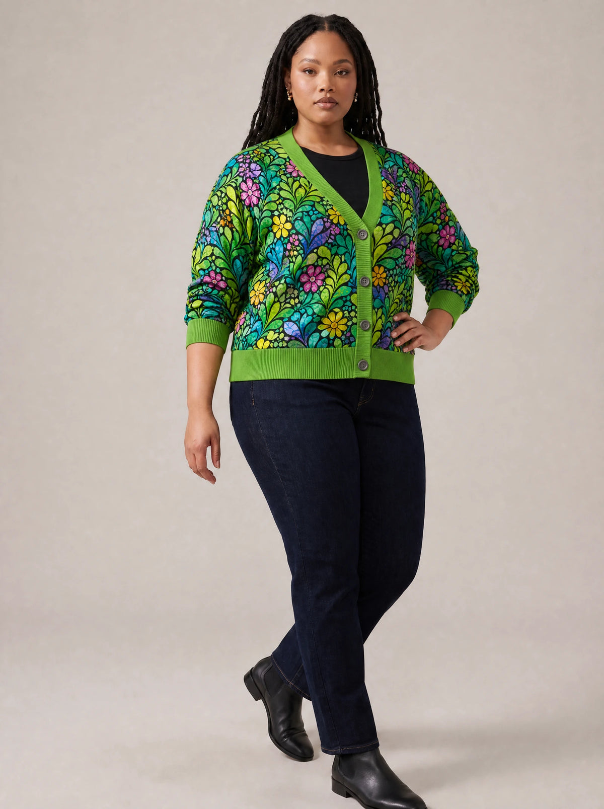 "Zumaridi" Cardigan — three-quarter view on model