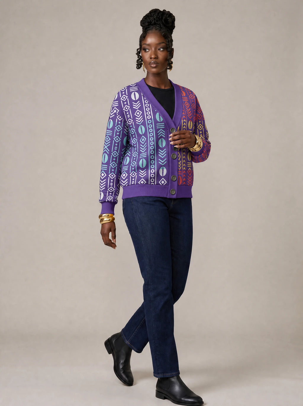 "Oshun Zamani" Cardigan — three-quarter view on model