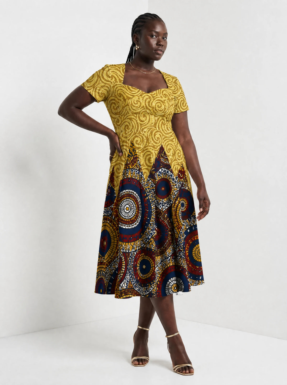 "Adhama" Sweetheart Midi Dress — three-quarter view on model