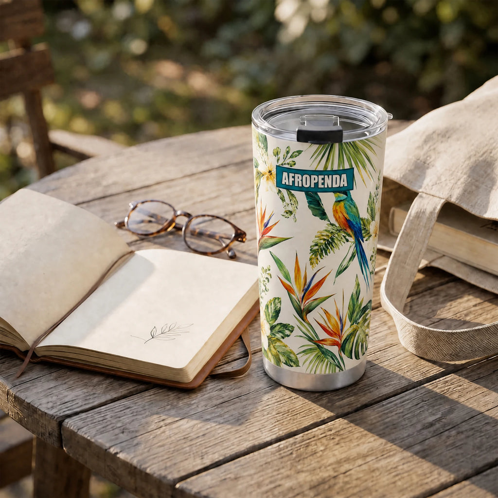"Ndege" Tumbler — on a garden table beside an open book