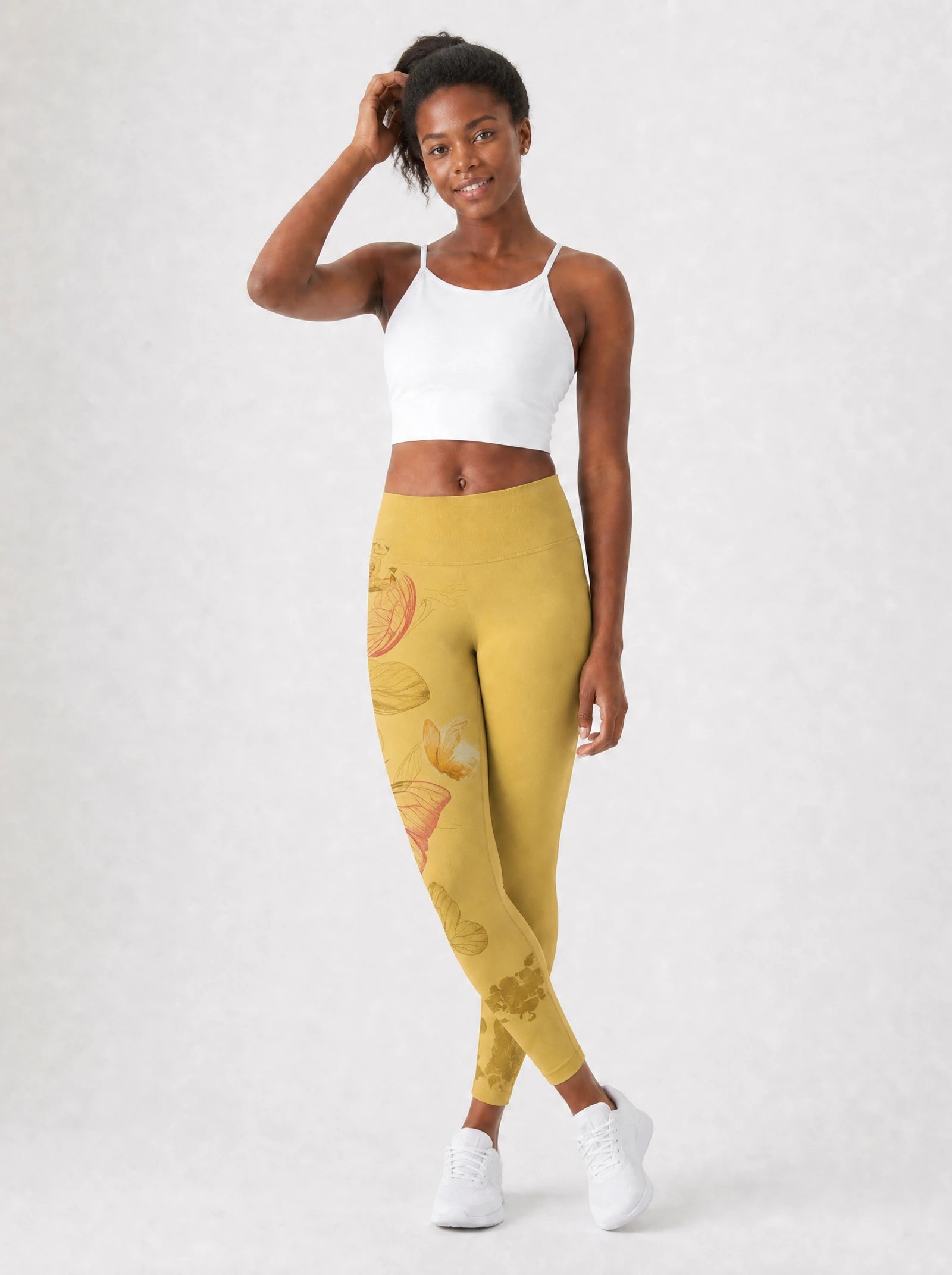 Yellow Orchid Leggings — full body view on model