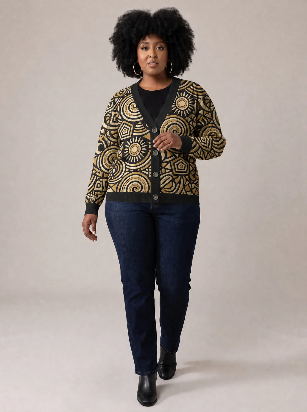 "Sahara" Cardigan — three-quarter view on model