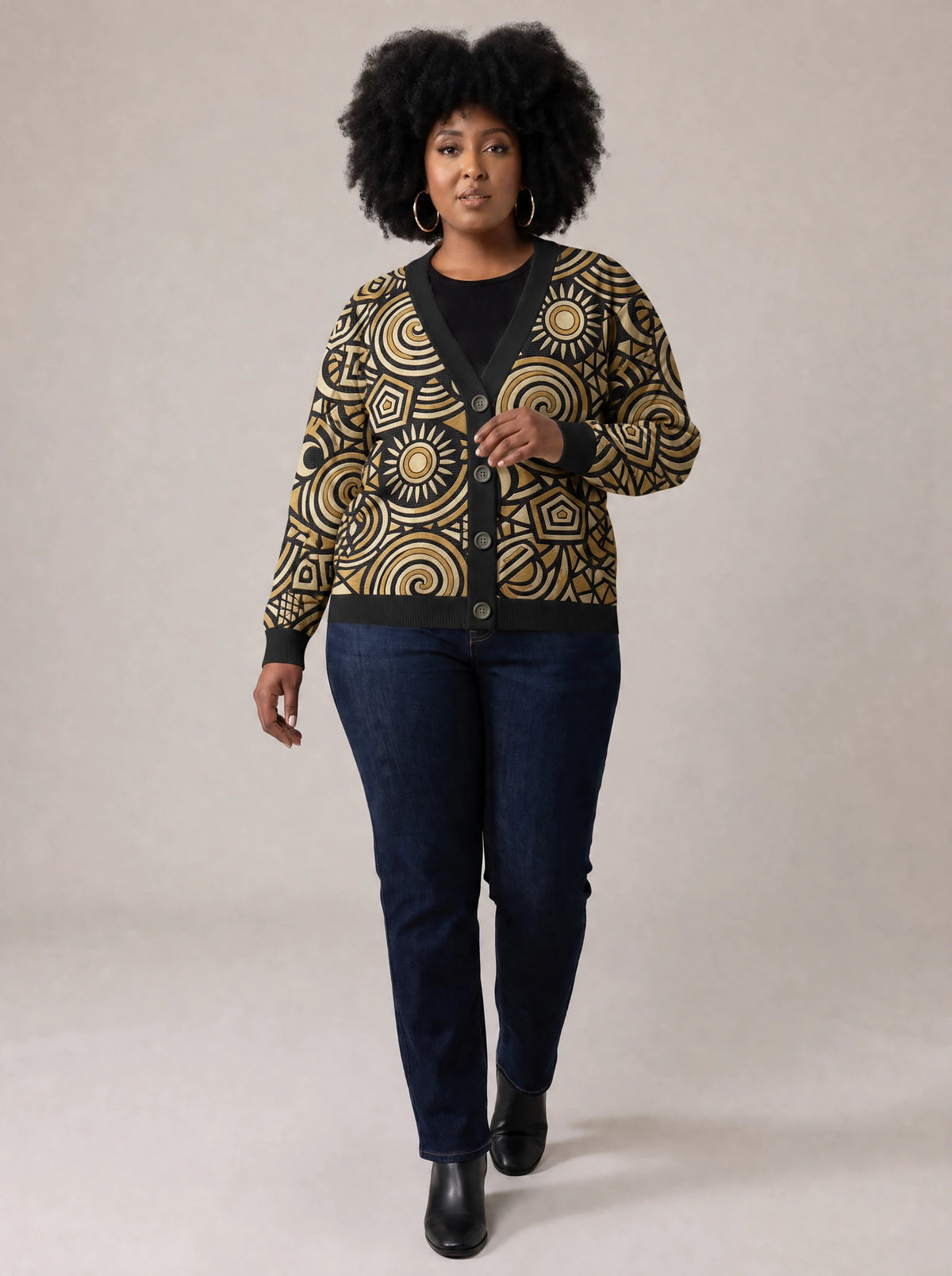 "Sahara" Cardigan — three-quarter view on model