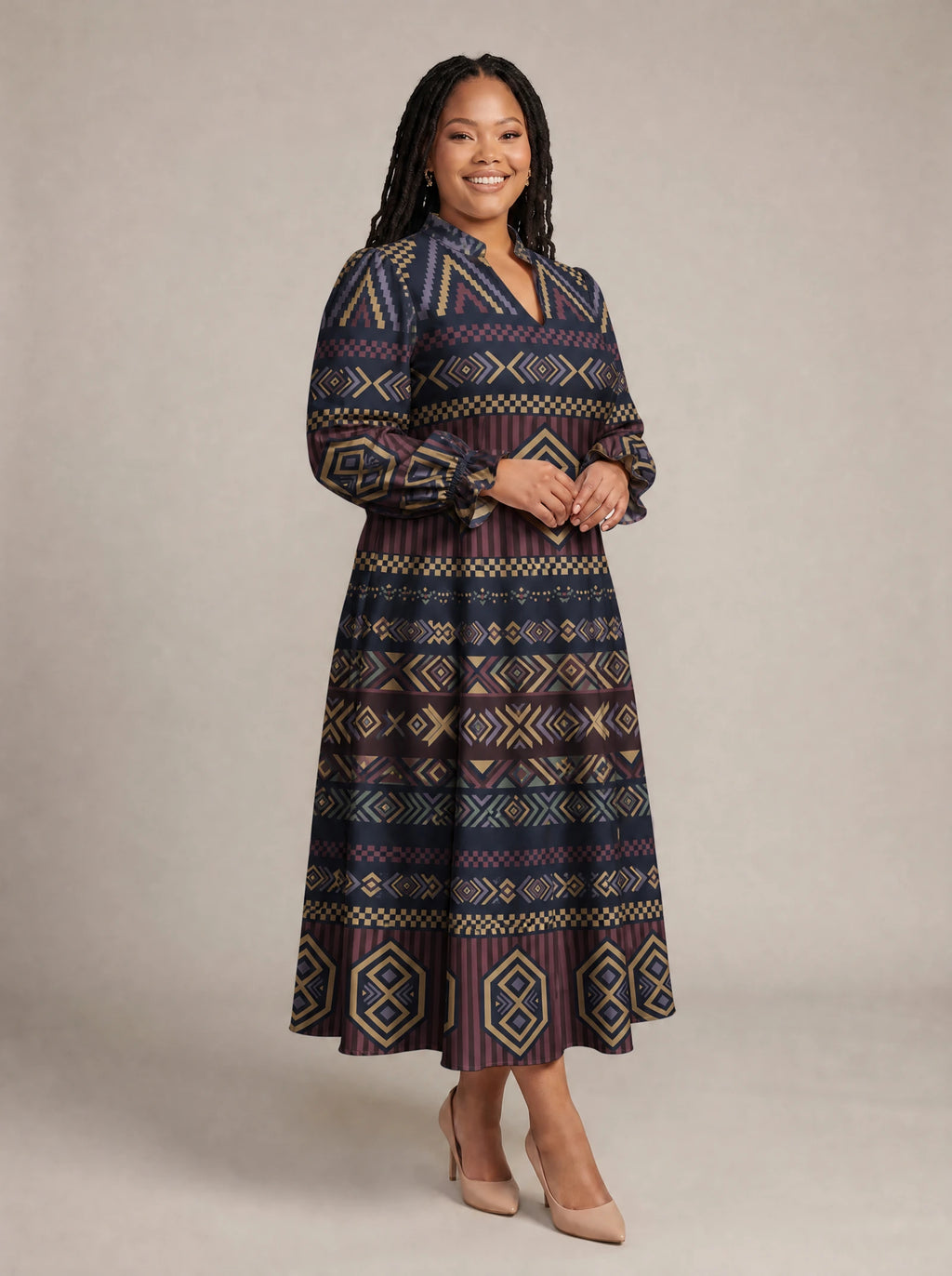 "Msuko" Long Puff Sleeve Dress — walking, three-quarter view on model