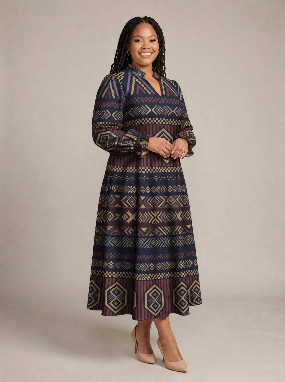 "Msuko" Long Puff Sleeve Dress — walking, three-quarter view on model