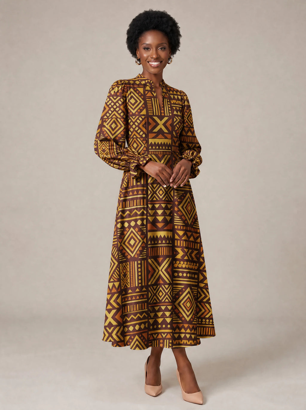 "Mudcloth" Long Puff Sleeve Dress — walking, three-quarter view on model