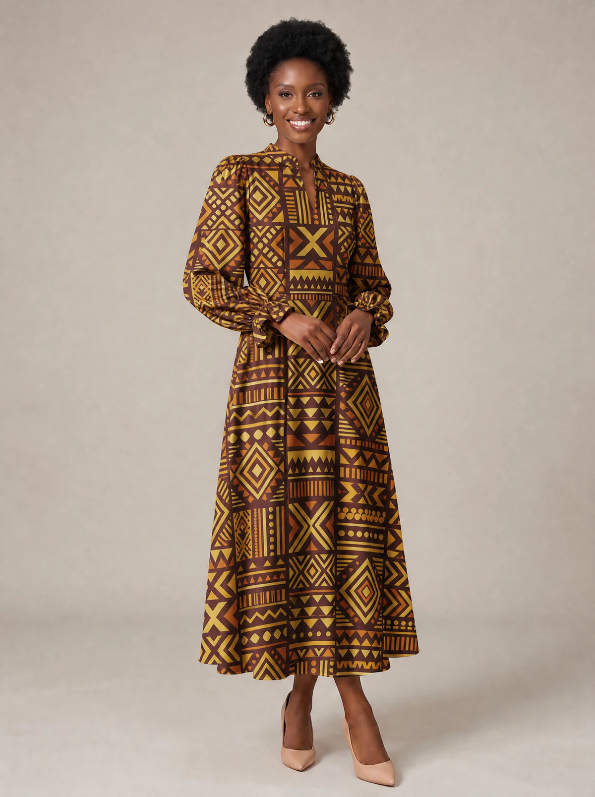 "Mudcloth" Long Puff Sleeve Dress — walking, three-quarter view on model