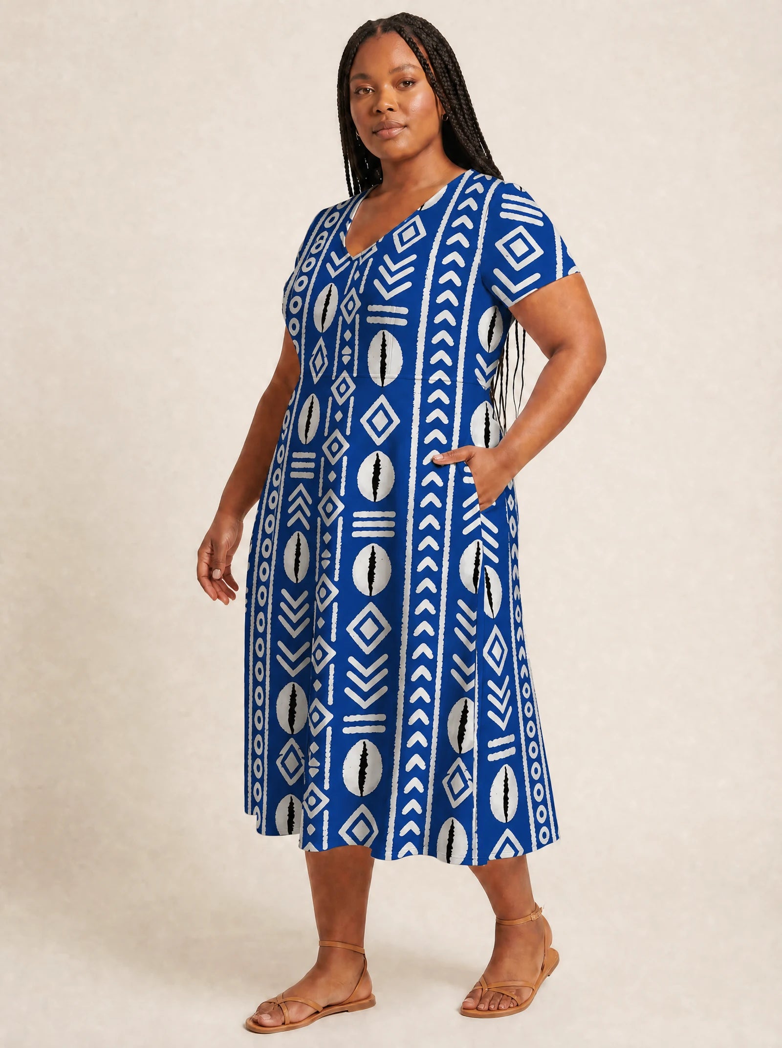 "Oshun Royal Blue" V Neck Midi Dress