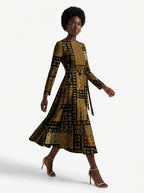 "Sankofa" Viscose Midi Dress — three-quarter view on model, hand in the side pocket