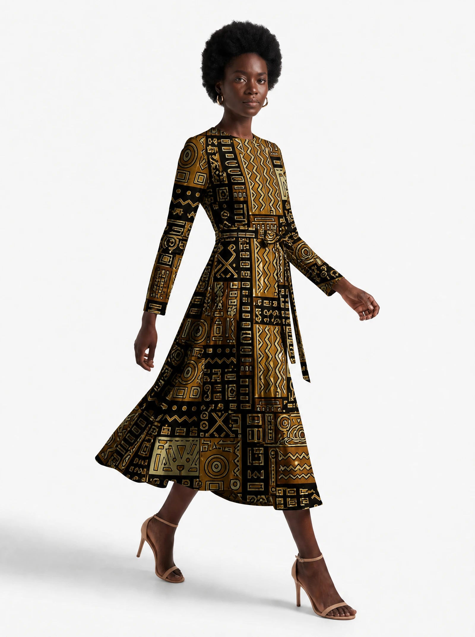 "Sankofa" Viscose Midi Dress — three-quarter view on model, hand in the side pocket