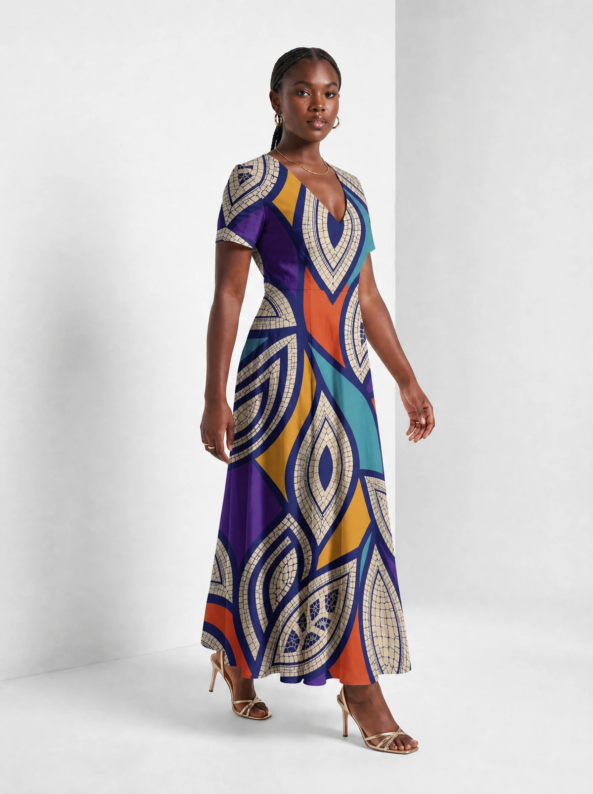 "Johari" Short Sleeve Maxi Dress — walking, three-quarter view on model