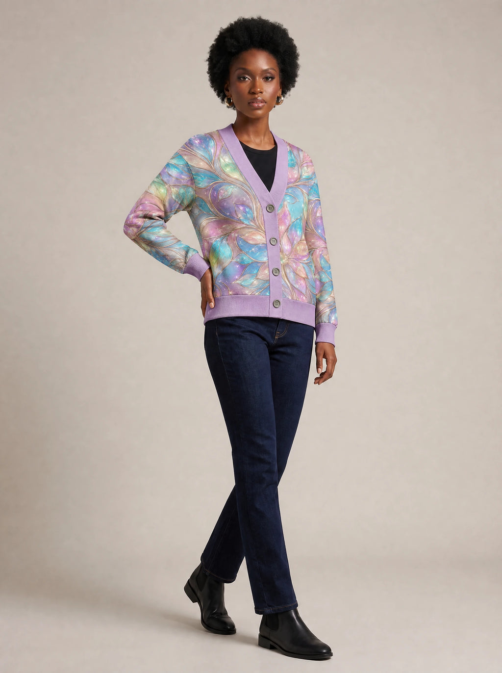 "Almasi" Cardigan — three-quarter view on model