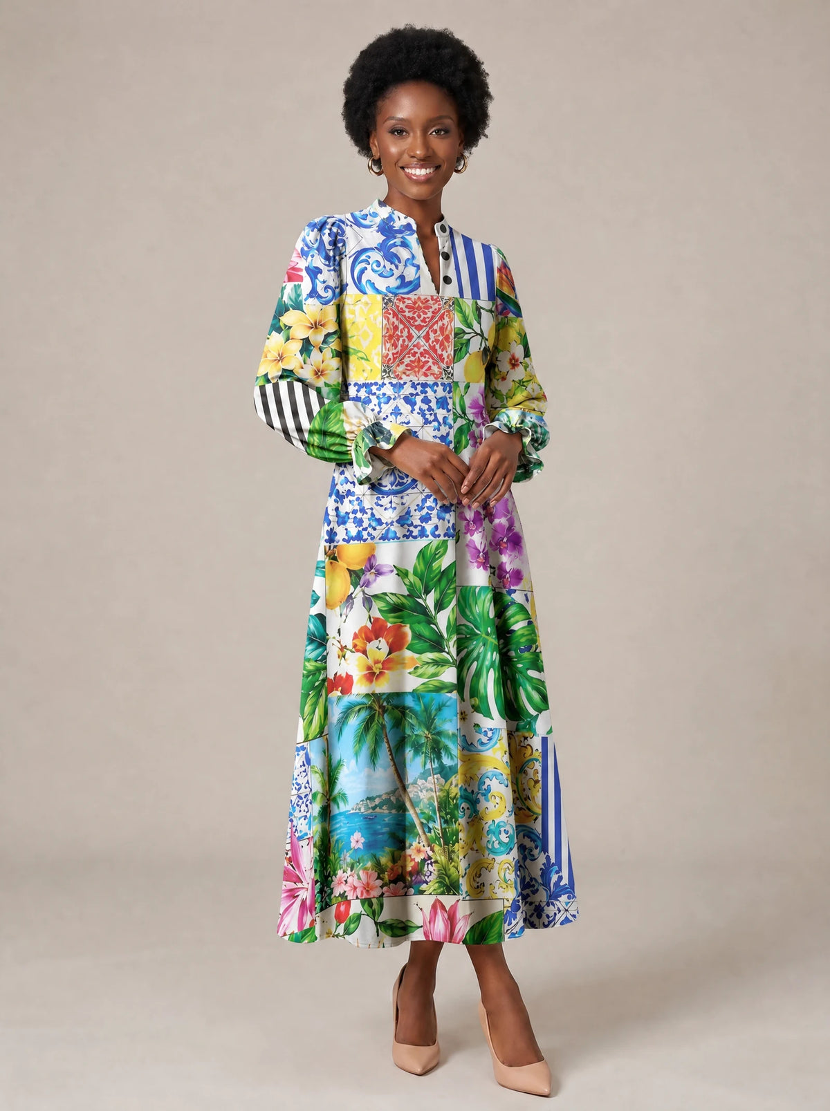 "Kisiwa" Long Puff Sleeve Dress — walking, three-quarter view on model