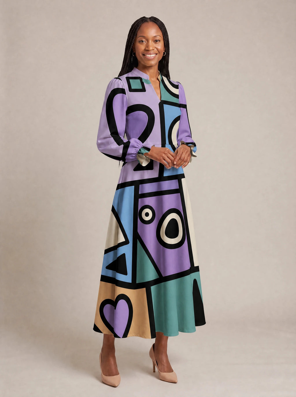 "Sanaa" Long Puff Sleeve Dress — walking, three-quarter view on model