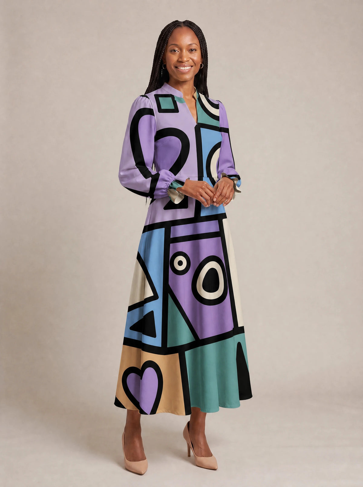 "Sanaa" Long Puff Sleeve Dress — walking, three-quarter view on model