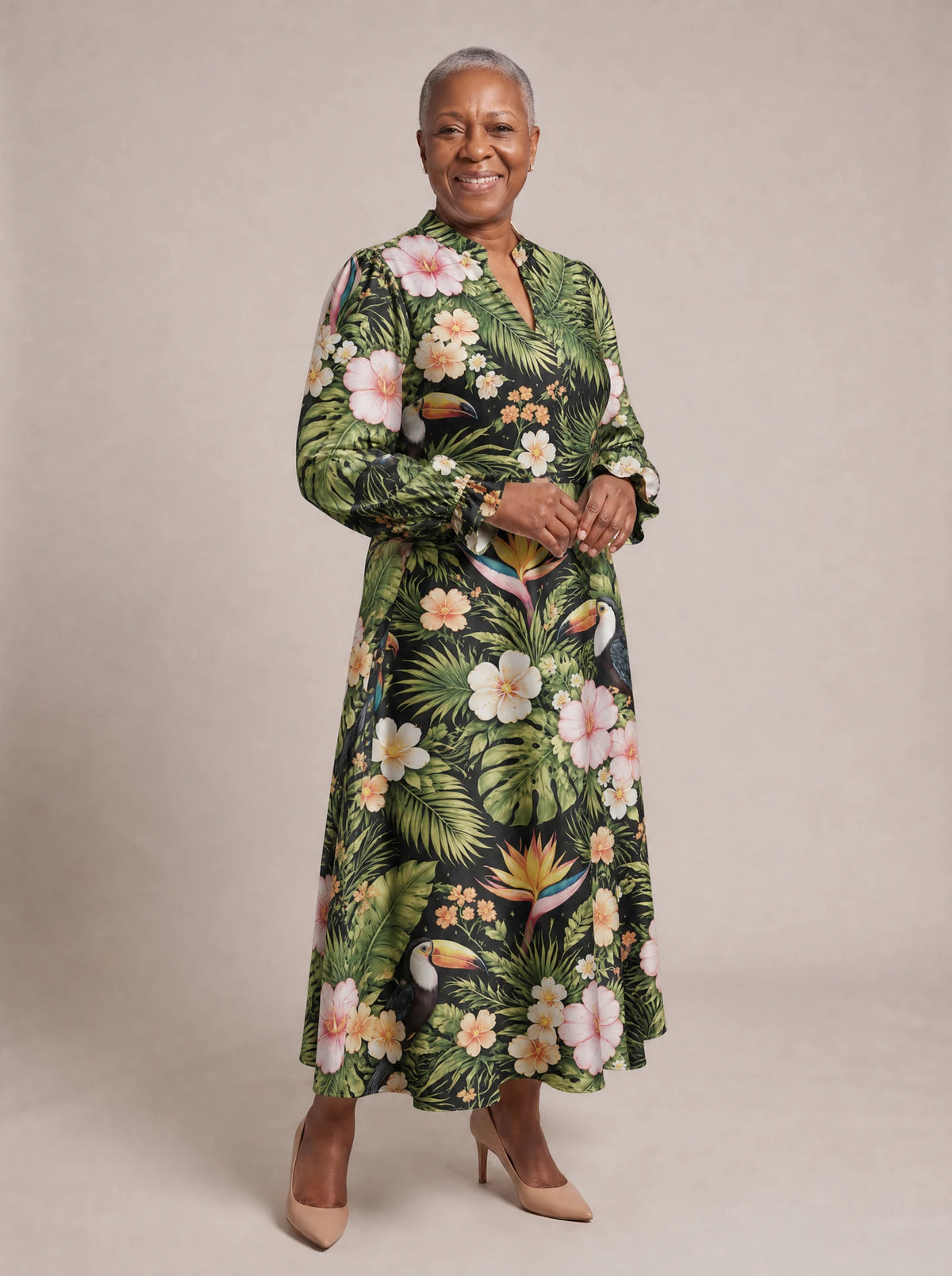 "Kasuku" Long Puff Sleeve Dress — walking, three-quarter view on model