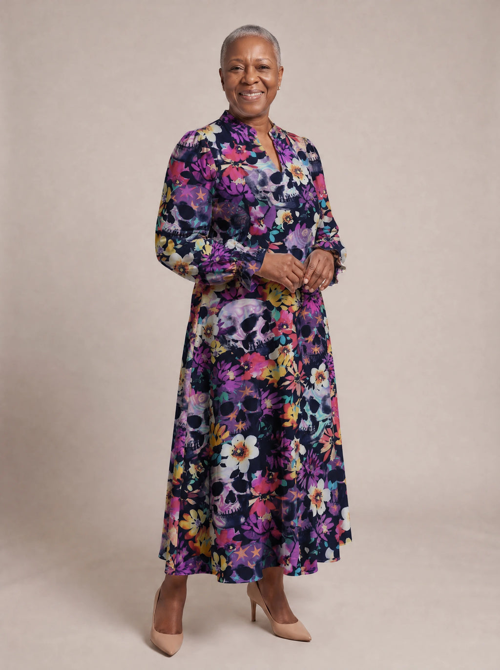 "Njozi" Long Puff Sleeve Dress — walking, three-quarter view on model