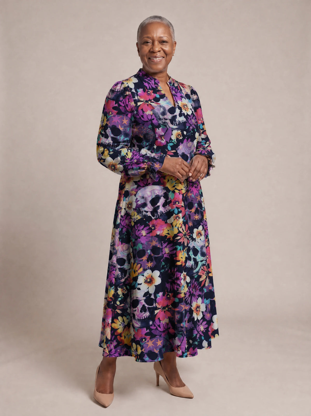 "Njozi" Long Puff Sleeve Dress — walking, three-quarter view on model