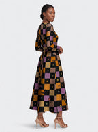 "Kimondo" Halloween Long Sleeve Midaxi Dress — walking, three-quarter view on model