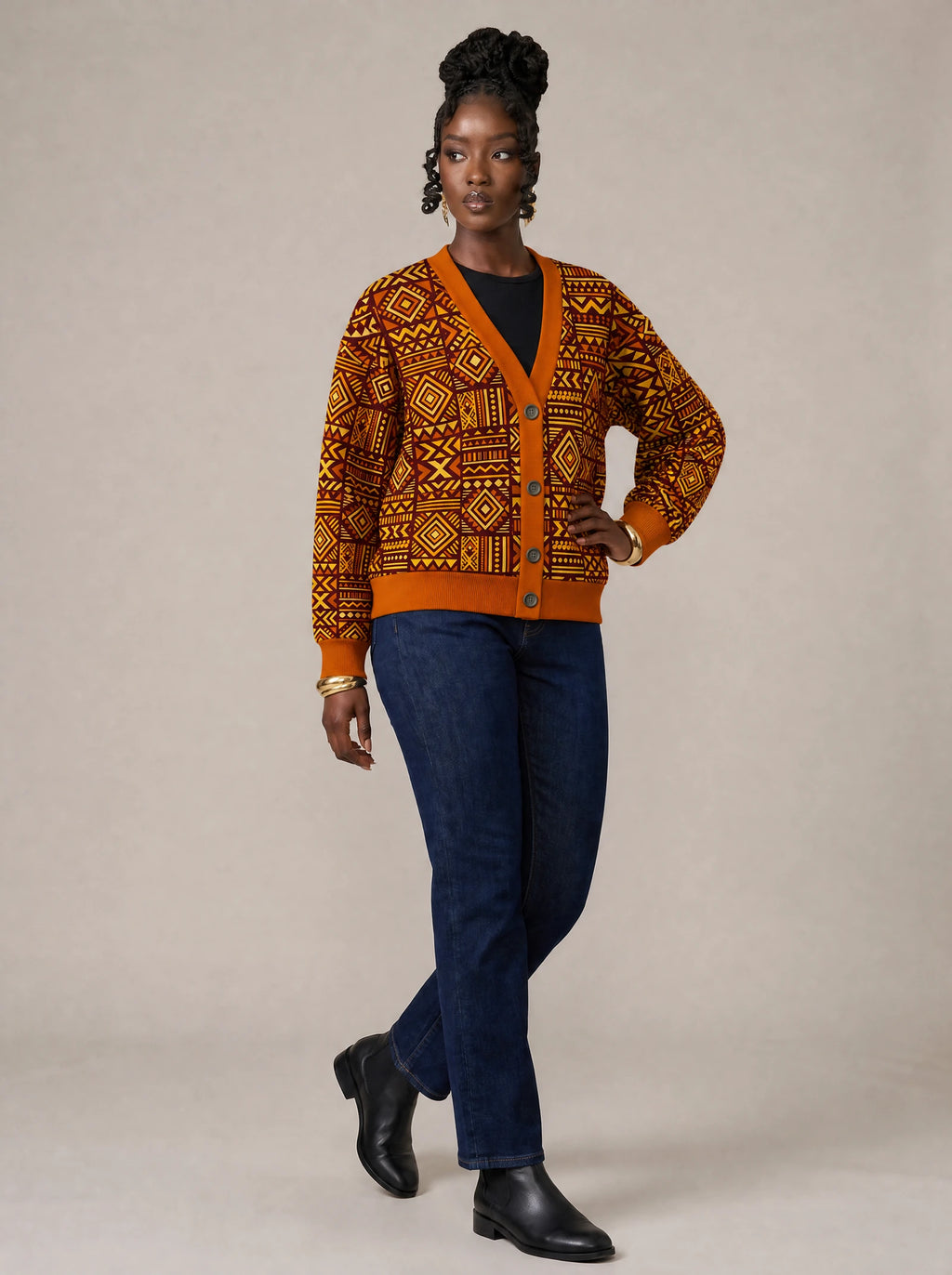 "Mudcloth" Cardigan — three-quarter view on model