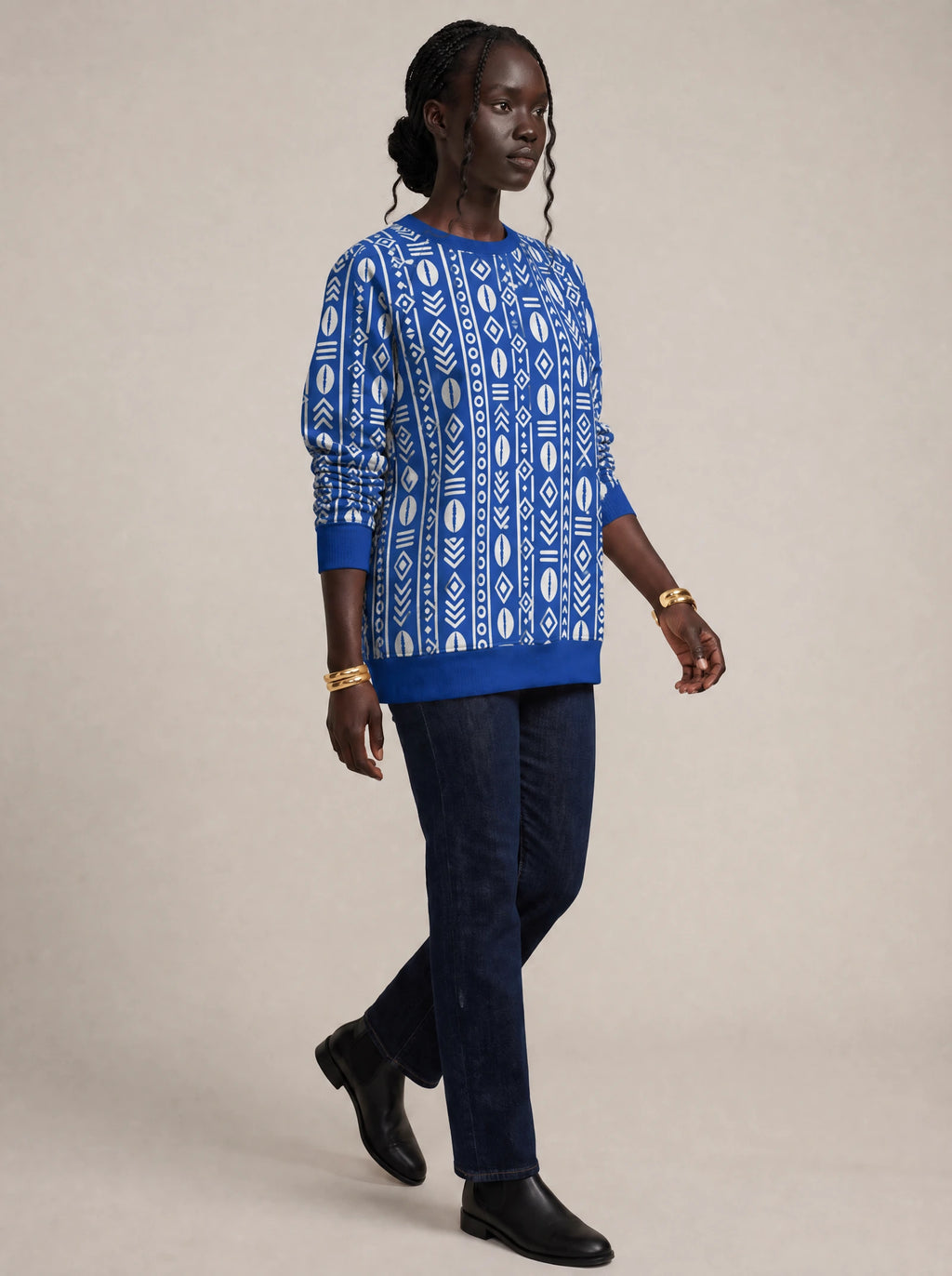 "Oshun Royal Blue" Sweatshirt — three-quarter view on model