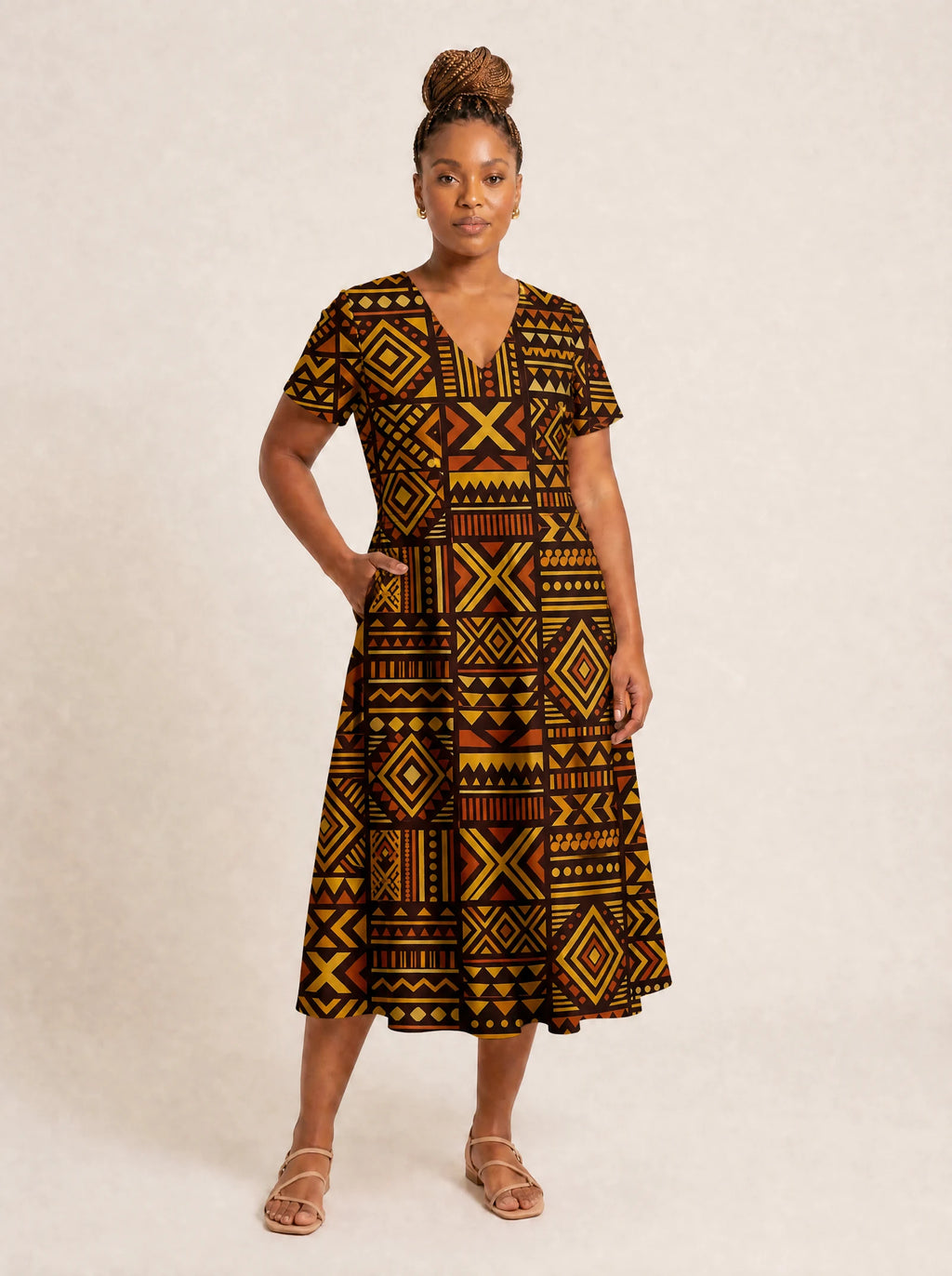 "Mudcloth" V Neck Midi Dress