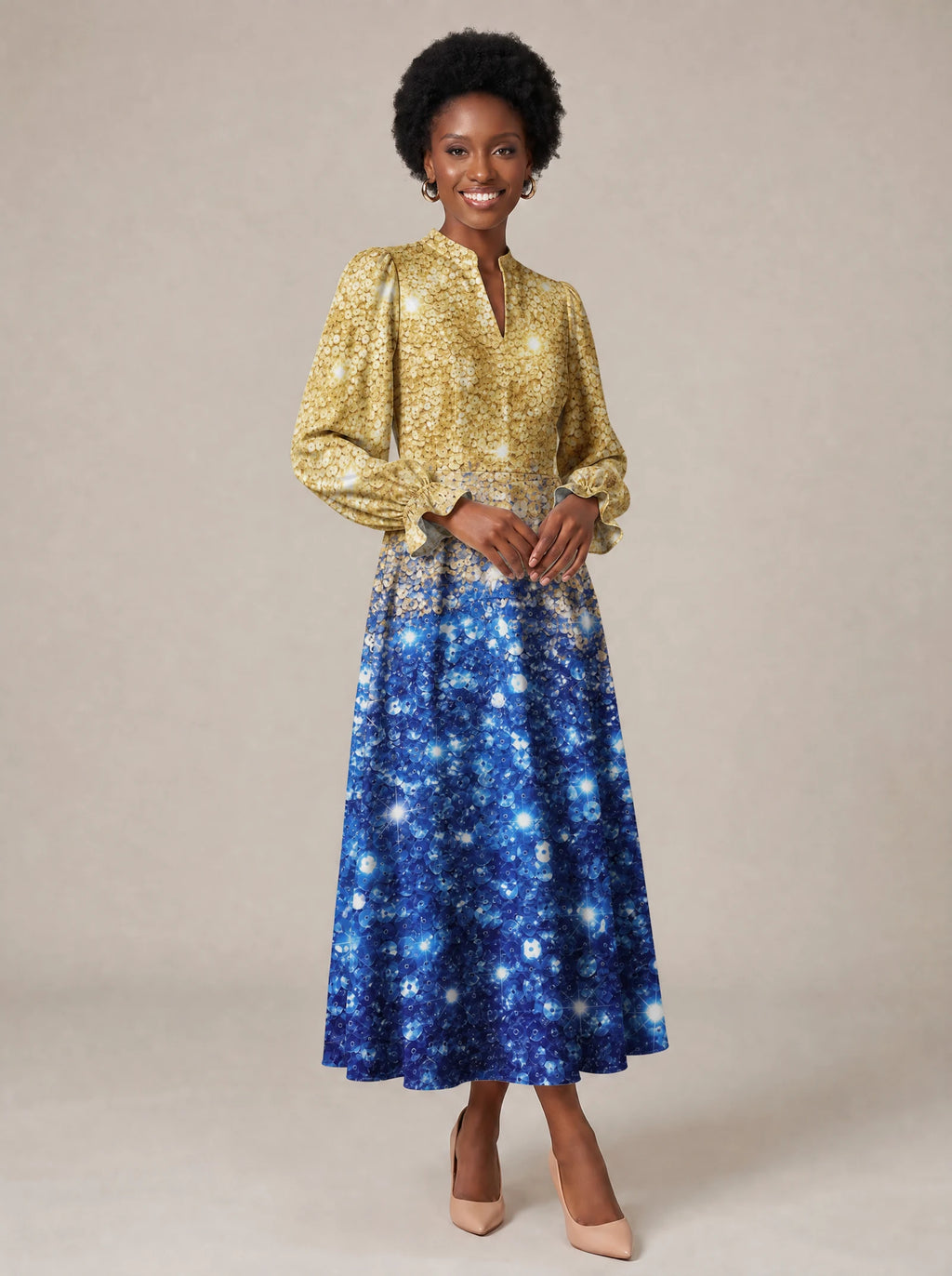 "Angaza" Long Puff Sleeve Dress — walking, three-quarter view on model