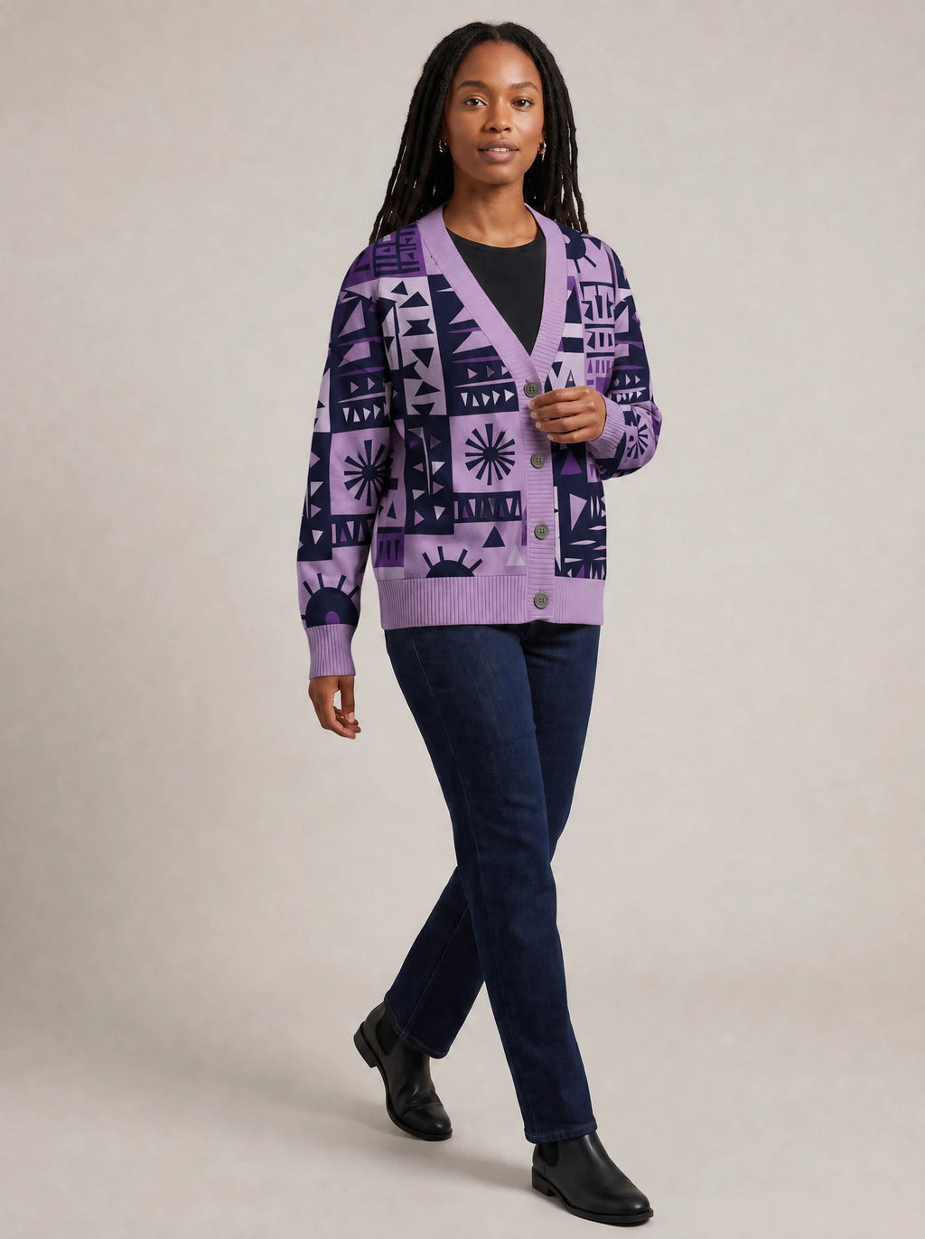 "Lavenda" Knitted Cardigan — three-quarter view on model