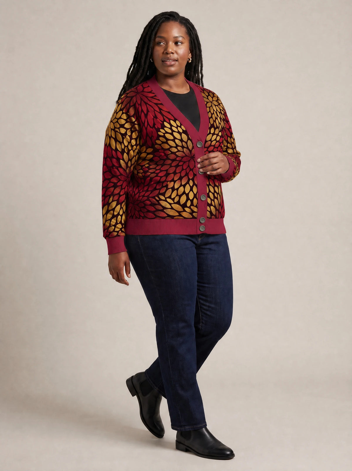 "Mavuno" Cardigan — three-quarter view on model