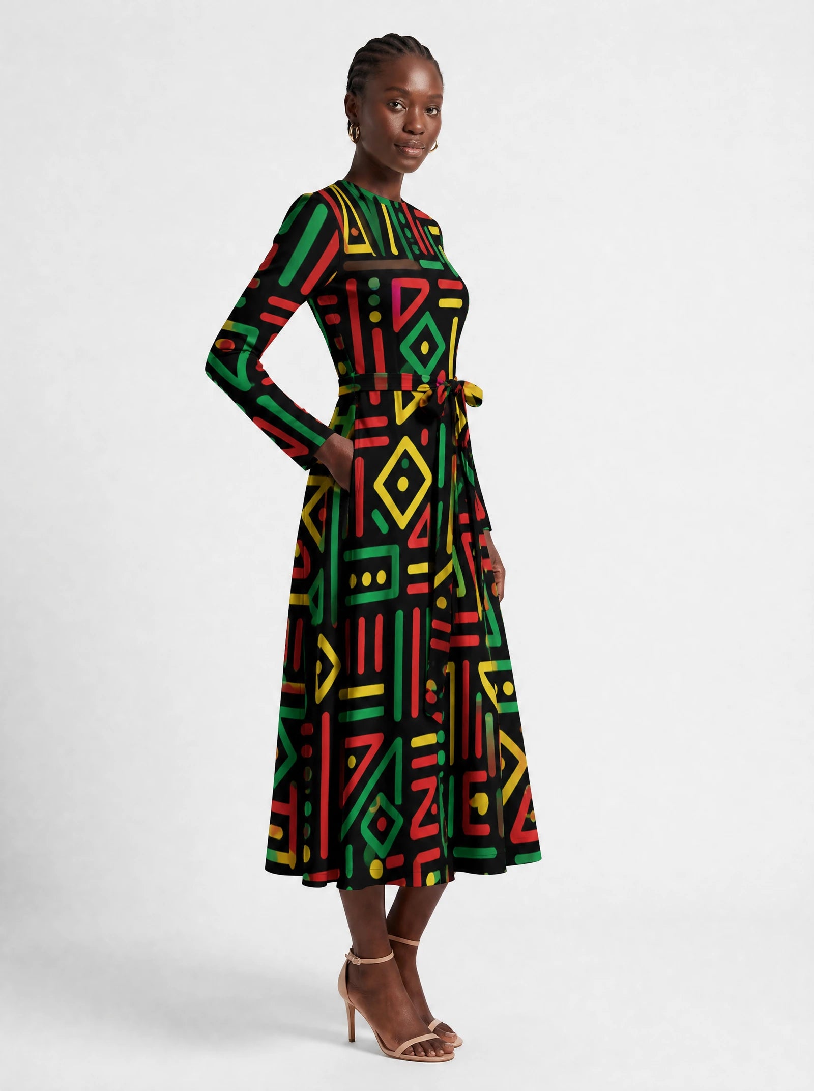 "Nairobi" Viscose Midi Dress — three-quarter view on model, hand in the side pocket