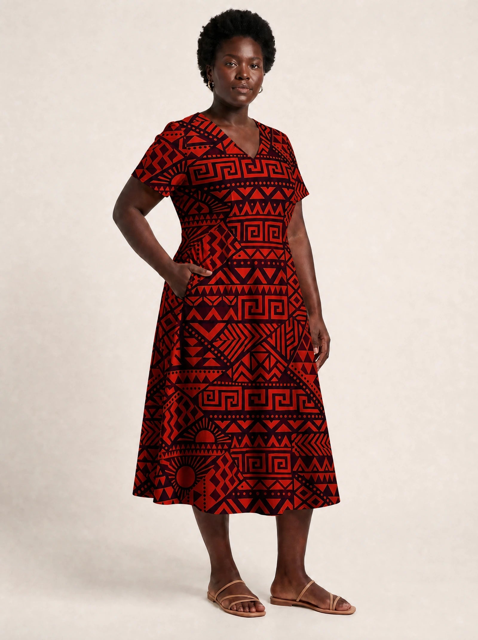 "Shaka Burgundy" V Neck Midi Dress