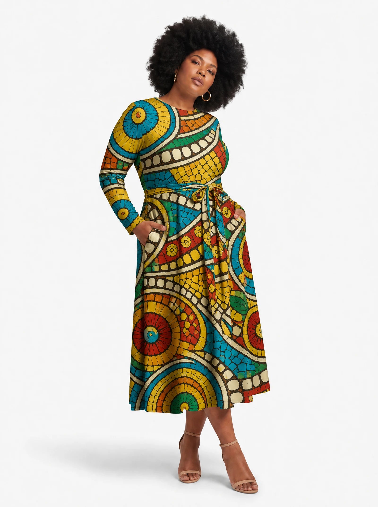 "Taji" Viscose Midi Dress — three-quarter view on model, hand in the side pocket