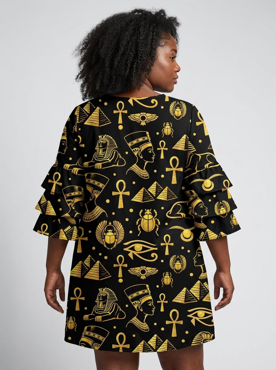 "Nefertiti" Black Gold Stacked Ruffle Sleeve Dress