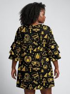 "Nefertiti" Black Gold Stacked Ruffle Sleeve Dress