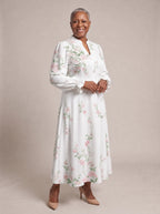 "Chanua" Long Puff Sleeve Dress — walking, three-quarter view on model