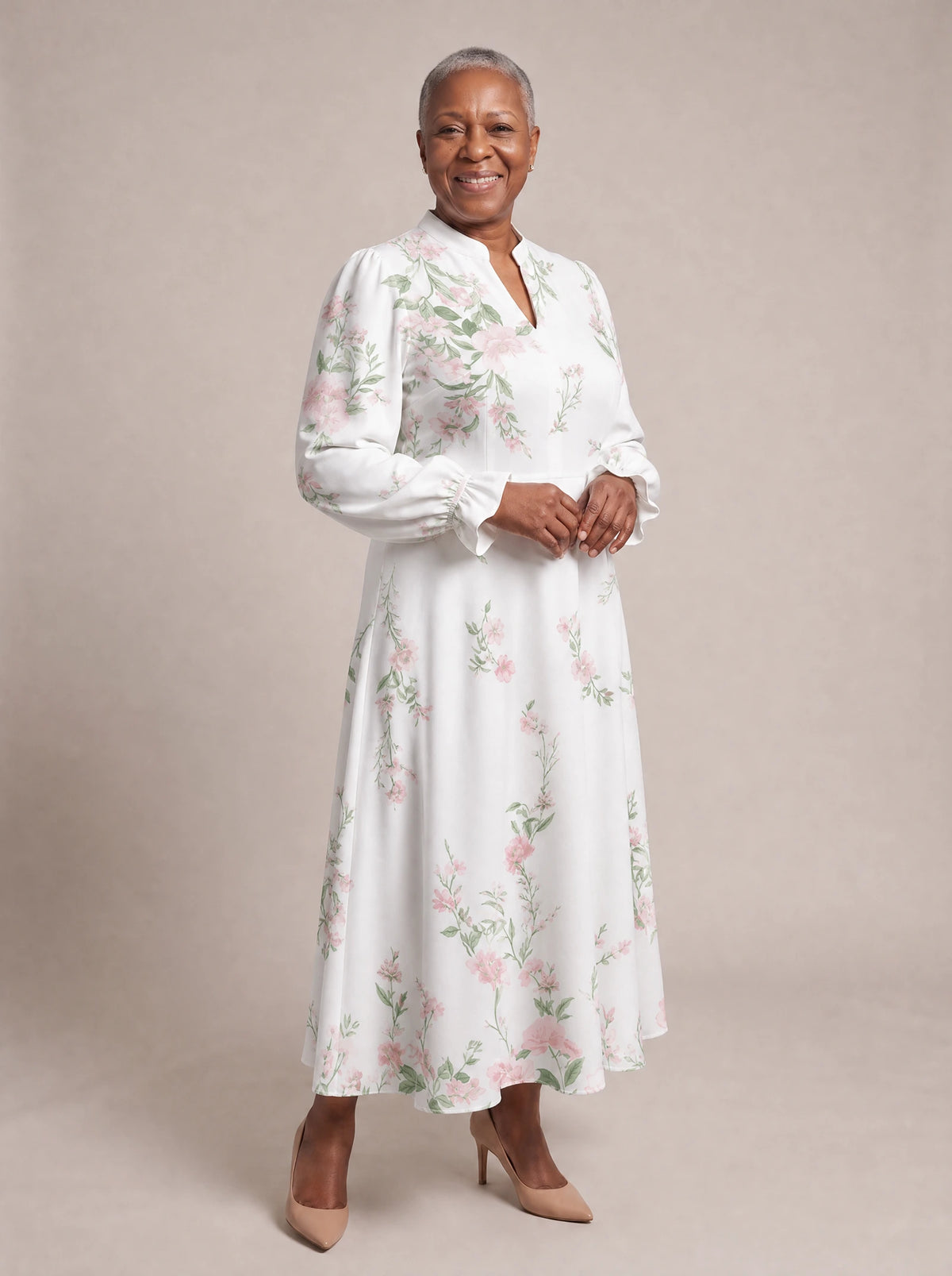 "Chanua" Long Puff Sleeve Dress — walking, three-quarter view on model