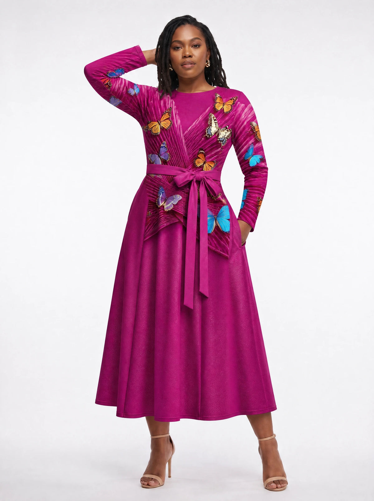 "Kipepeo" Long Sleeve Midaxi Dress — walking, three-quarter view on model
